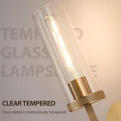 15" Knurled Brass Wall Sconce with Clear Glass Tube, Gold Bathroom Vanity Light Fixtures, Modern Lamp Lighting for Bedroom, Living Room, Hallway, Staircase, Mirror, Kitchen