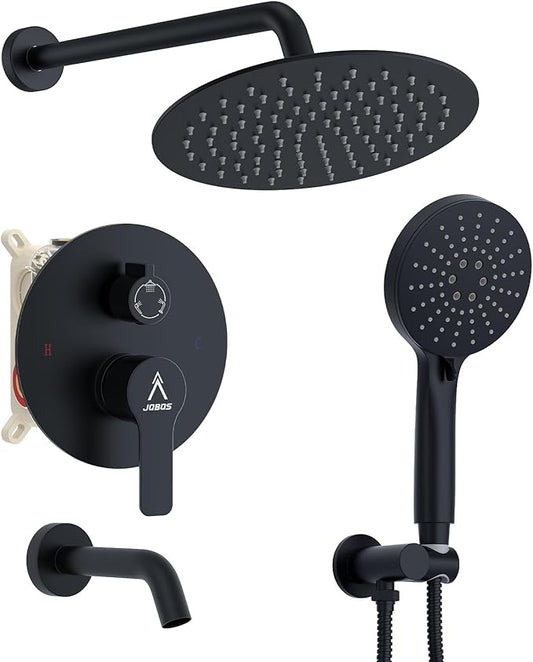 3 Functions Shower System，Modern Three-Setting 10-Inch Round Rain Shower Head and Faucet Set，Shower Faucet Set Complete Rough-in Valve and Trim Kit Included（Matte Black）