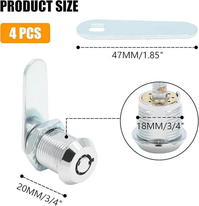 Uenhoy 4 Pack Tubular Cam Lock 3/4 Inch Cabinet Cam Lock Set for Tool Box, File Cabinet, Mail Box, Vending Machine, ATM, Keyed Different
