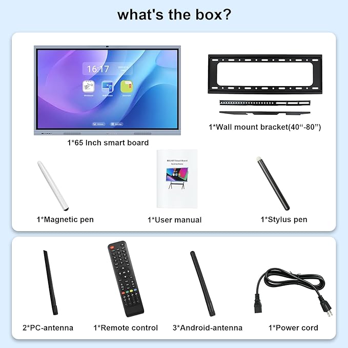 65" Smart Board, Interactive Whiteboard with 20 MP Camera, 4K UHD Touch Screen Digital Smartboard for Classrooms, Business, Office & Conference Rooms (Wall Mount Included)