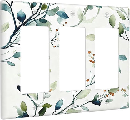 Decorative Outlet Covers Rustic Eucalyptus Leaf Geen Sage Leaves 3 Gang Light Switch Cover Plate Triple Rocker Wall Plates for Electrical Outlets Switch Plate Covers for Bedroom Home Decor