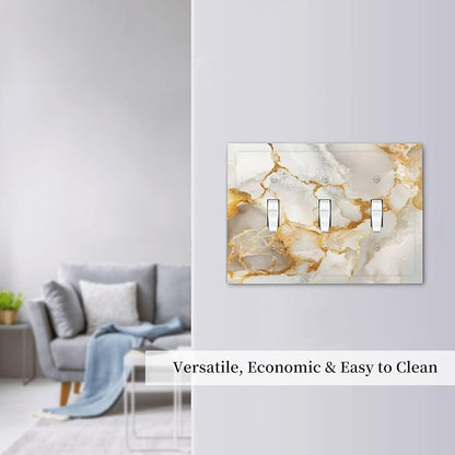 Gold Marble Crack Simple Abstract Print Decorative Switch Plates 3 Gang Wall Plate Triple Toggle Light Switch Cover Faceplate Electrical Wall Panels for Bathroom Kitchen Home Decor