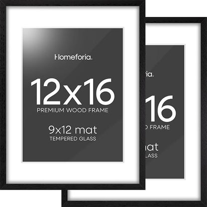 Homeforia 12x16 Black Wood Picture Frame, High End Oak 12x16 Poster Frames with Mat 9x12 Print, 12 x 16 Black Wooden Frame Matted to 9 by 12 Photo, 16x12 Thin Frame, Tempered Glass, Wall Kit, Set of 2