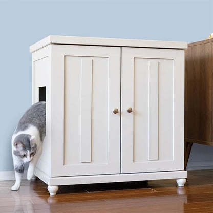The Refined Feline Cat Litter Box Enclosure Cabinet, Shaker, White, Tulip Feet, XLarge, Hidden Litter Cat Furniture with Drawer