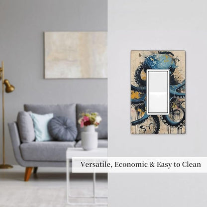 Decorative Outlet Covers Nautical Vintage Blue Octopus Yellow Eyes Oil Watercolor 1 Gang Single Rocker Light Switch Cover Plate Wall Plates GFCI Faceplate for Kids room Nursery Decor