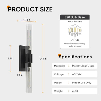 24.8" L Wall Sconces 2-Lights Black Wall Lights Fixtures Morden Cylinder Wall Light for Bathroom Vanity Light Indoor Wall Mounted Lamps for Living Room,Bedroom,Hallway