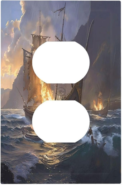 Outlet Covers Medieval Vintage Sailing Adventure Sailings Ocean Waves 1 Gang Duplex Light Switch Cover Plate Decorative Switch Plate Covers Electrical Socket Cover for Bedroom Cabin Decor