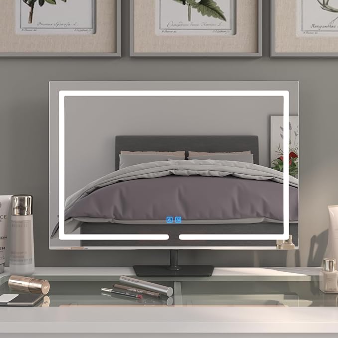 Vanity Mirror with Lights, 23.27 x 17.7 Inch LED Makeup Mirror, Lighted Makeup Mirror with Dimmable 3 Modes, Smart Touch Control, Aluminum Frame and Tempered Glass Base, Dark Gray
