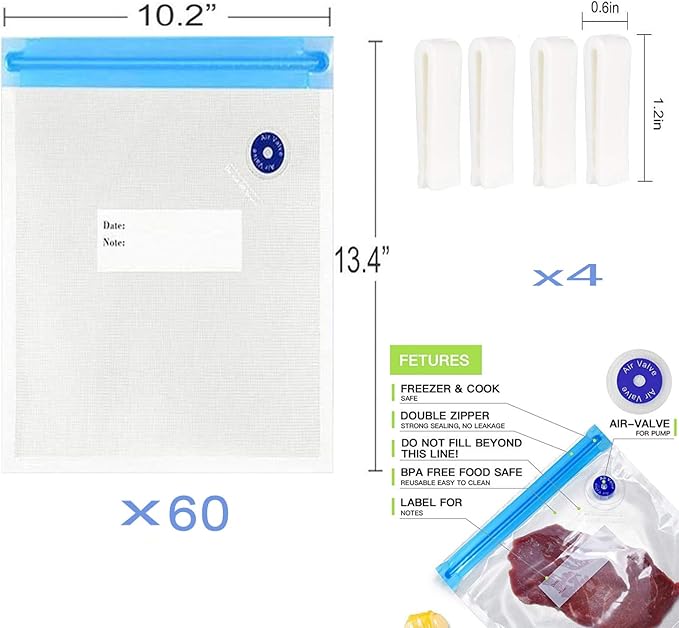 Sous Vide Bags 60pcs Reusable Vacuum Sealer Bags with 4 Sealing Clips, Reusable Vacuum bags for Food Storage and Sous Vide Cooking(10.2x13.4 Inch)