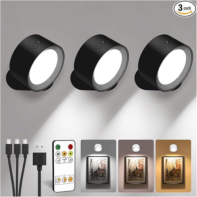LED Wall Mounted Lights, Rechargeable Wall Sconces with Remote & Touch Control, 3 Color Temperatures 360° Rotation Dimmable Cordless Wall Light for Bedroom Study Reading Bedside (Black, 3 Pack)