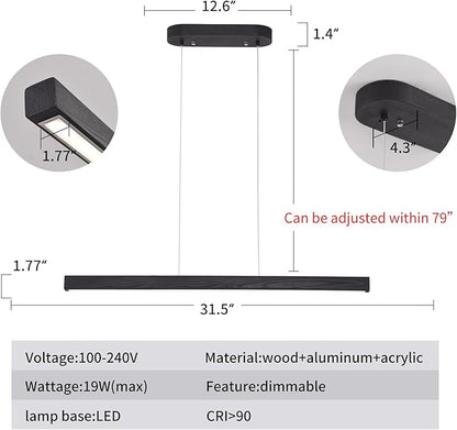Black Wood Linear Pendant Light – Dimmable LED Chandelier with Remote, Modern Minimalist Lighting for Kitchen Islands, Dining Rooms & Pool Tables (Energy-Efficient 19W)