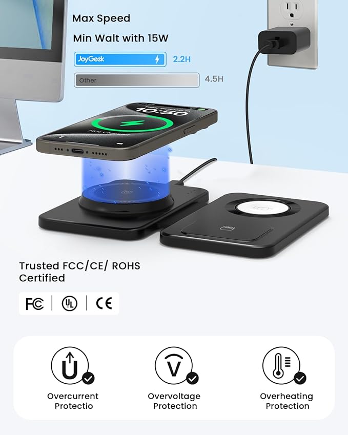 Charging Station Magnetic for iPhone Mag-Safe: JoyGeek 3 in 1 Foldable Wireless Charger for iPhone 16-12 Pro Max Plus, Travel Charger for AirPods, A-pple Watch 10-2 Series