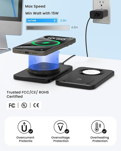 Charging Station Magnetic for iPhone Mag-Safe: JoyGeek 3 in 1 Foldable Wireless Charger for iPhone 16-12 Pro Max Plus, Travel Charger for AirPods, A-pple Watch 10-2 Series