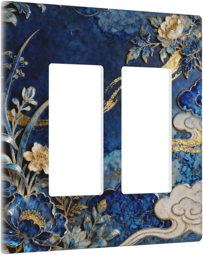 Decorative Outlet Covers Blue White Flower Gold Line Cloud 2 Gang Light Switch Cover Plate Double Rocker Wall Plates for Electrical Outlets Switch Plate Covers for Bedroom Home Decor