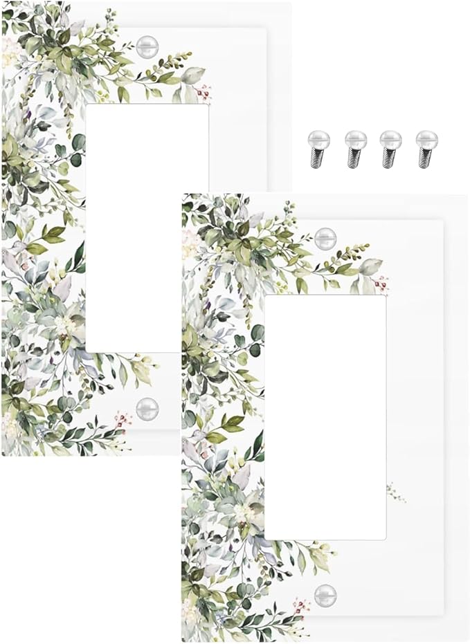 Decorative Outlet Covers Rustic Eucalyptus Leaves Green Leaf 1 Gang Rocker Light Switch Cover Plate Single Decora Light Switch Covers Wall Plate Faceplate for Home Decor （2 Pack）
