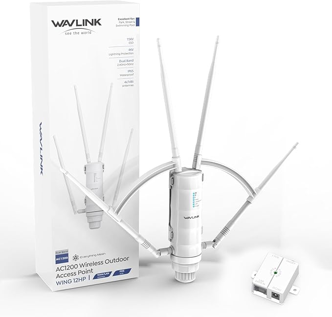 WAVLINK AC1200 Outdoor WiFi Extender, 2026 Long Range Wireless WiFi Booster with PoE, Dual-Band, 4 x 7dBi High-Gain Antennas, Support Mesh/AP/Repeater Modes, IP65 Weatherproof, Starlink Compatible