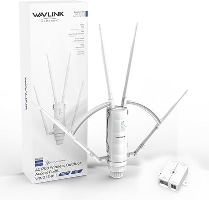 WAVLINK AC1200 Outdoor WiFi Extender, 2026 Long Range Wireless WiFi Booster with PoE, Dual-Band, 4 x 7dBi High-Gain Antennas, Support Mesh/AP/Repeater Modes, IP65 Weatherproof, Starlink Compatible
