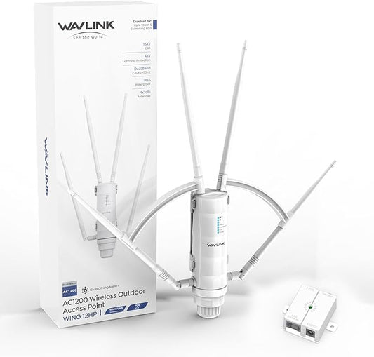 WAVLINK AC1200 Outdoor WiFi Extender, 2026 Long Range Wireless WiFi Booster with PoE, Dual-Band, 4 x 7dBi High-Gain Antennas, Support Mesh/AP/Repeater Modes, IP65 Weatherproof, Starlink Compatible