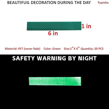 Non Fading Green Reflective Stickers 1 inch X 6 inch, Outdoor Waterproof High Visibility Warning Safety Adhesive Reflector Tape (20 Pcs)