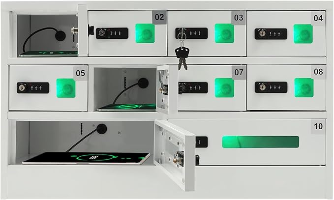 Cellphone Charging Station with Combination Lock, 10 Slots Cellphone Locker Mobile Device Phones Storage Pocket with 3-in-1 Charging Ports for Office Classroom Hotel (10 Slots)