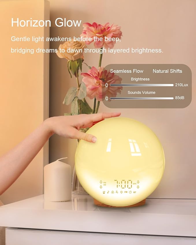 Smart APP Sunrise Alarm Clock with 4 Alarms & Natural Sounds for Heavy Sleepers, App No Signup, Wake Up Light, 11 Night Ligh, Sleep Aid 7 White Noise Machines & FM, Wireless Speaker (Wood Grain, 1PCS)