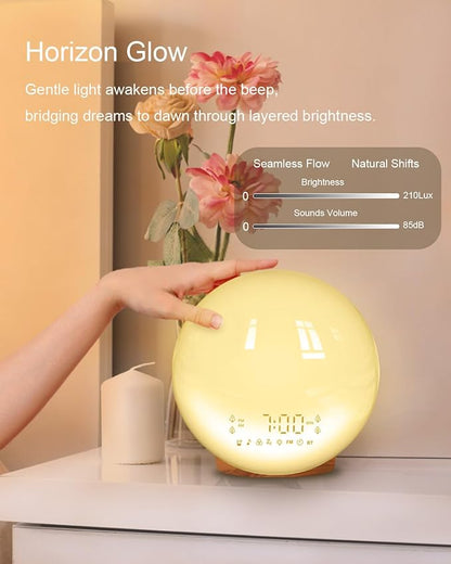 Smart APP Sunrise Alarm Clock with 4 Alarms & Natural Sounds for Heavy Sleepers, App No Signup, Wake Up Light, 11 Night Ligh, Sleep Aid 7 White Noise Machines & FM, Wireless Speaker (Wood Grain, 1PCS)