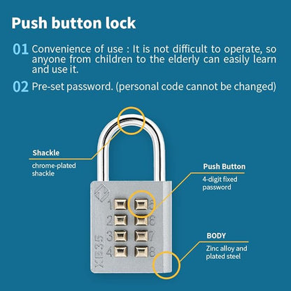 XB35 8-Digit Push Button Combination Padlock, 4 Digit Locking Mechanism, (2-Pack, Pink, Emerald)