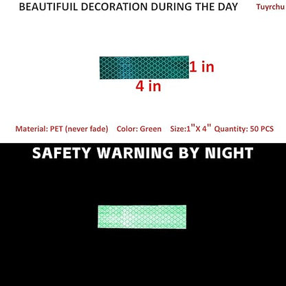 Non Fading Green Reflective Stickers 1 inch X 4 inch, Outdoor Waterproof High Visibility Warning Safety Adhesive Reflector Tape (50 Pcs)