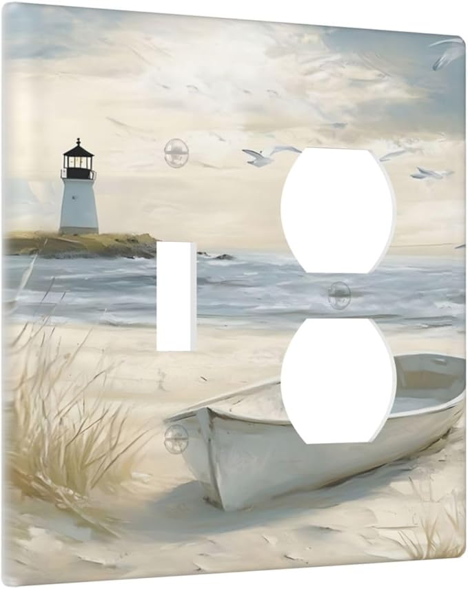 Decorative Outlet Covers Seascape Painting with Lighthouse Boats 2 Gang Wall Plate Single Toggle Duplex Combo Light Switch Covers Switch Plate Cover for Bedroom Home Decor