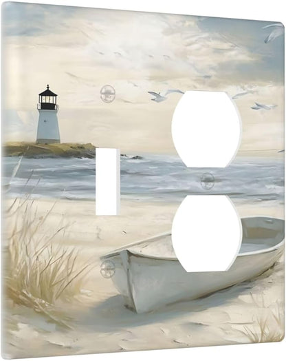 Decorative Outlet Covers Seascape Painting with Lighthouse Boats 2 Gang Wall Plate Single Toggle Duplex Combo Light Switch Covers Switch Plate Cover for Bedroom Home Decor