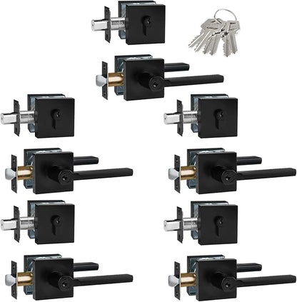 Keyed Alike(All Same Keys) Keyed Entry Door Lever with Single Cylinder Deadbolt Combo, Front Door/Exterior Door Handleset, Matte Black, 5 Set