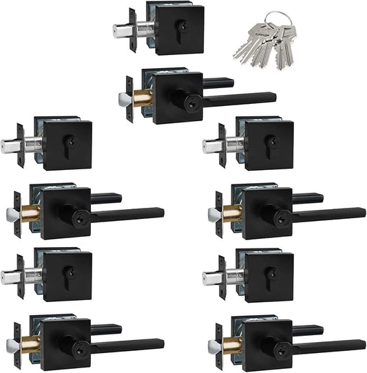 Keyed Alike(All Same Keys) Keyed Entry Door Lever with Single Cylinder Deadbolt Combo, Front Door/Exterior Door Handleset, Matte Black, 5 Set