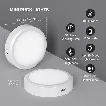 Rechargeable Puck Lights with Remote Control,LED Under Cabinet Light with Full-Screen,3 Color Temperatures Stick On Wireless, Tap for Kitchen,Cabinet,Counter,Closet,Shelf,2 Pack, White