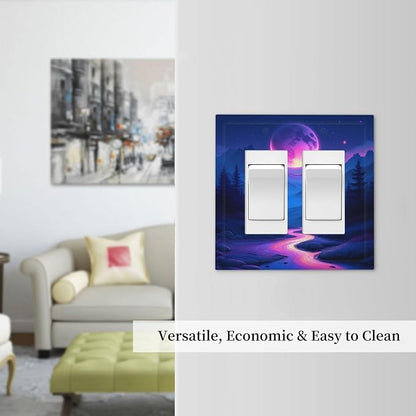 Purple Cyberpunk River Full Moon Mountain Forest Decorative Outlet Covers 2 Gang Double GFCI Rocker Light Switch Cover Plate Electrical Wall Panels for Bedroom Bathroom Decor