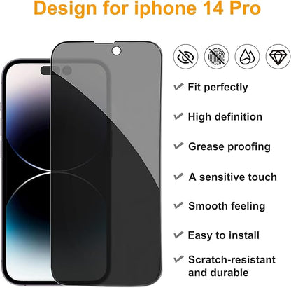 PEHAEL 2+2Pack for iPhone 14 Pro Privacy Screen Protector with Camera Lens Protector Full Coverage Anti-Spy Tempered Glass Film 9H Hardness Easy Installation Bubble Free [6.1 inch]