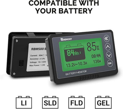 Renogy 500A Battery Monitor with Shunt, High and Low Voltage Programmable Alarm, Range 10V-120V up to 500A, 20ft Shielded Cable, Compatible 12V Lithium Sealed, Gel, Flooded Batteries,Black
