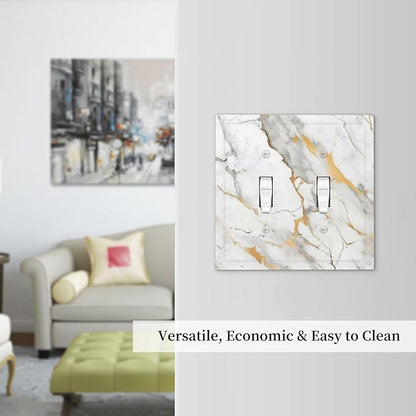 Decorative Switch Plates Marbling Style White Background Gold Gray Stripes 2 Gang Double Toggle Outlet Light Switch Cover Wall Plate Electrical Faceplate For Bathroom Kitchen Decor