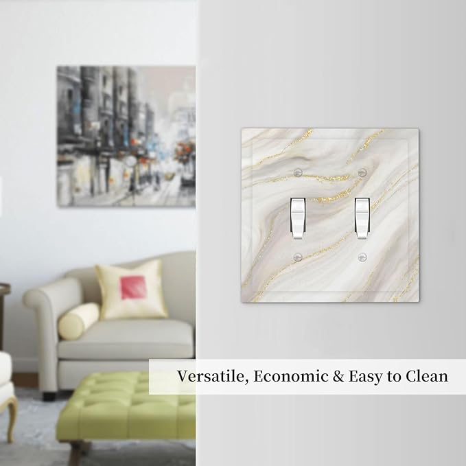 White Grey Gold Marble Simple Tiles Decorative Switch Plates 2 Gang Double Toggle Outlet Light Switch Cover Wall Plate Electrical Faceplate for Bathroom Kitchen Decor