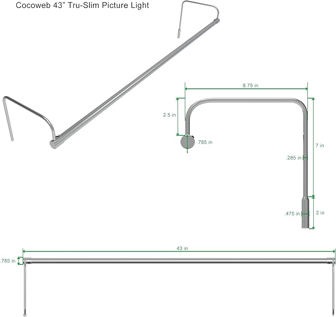 Cocoweb 43 Inch Tru-Slim Chrome Picture Light - LED, 2700K, Adjustable Arm, Plug-in, Toggle Switch, Sleek and Compact Design