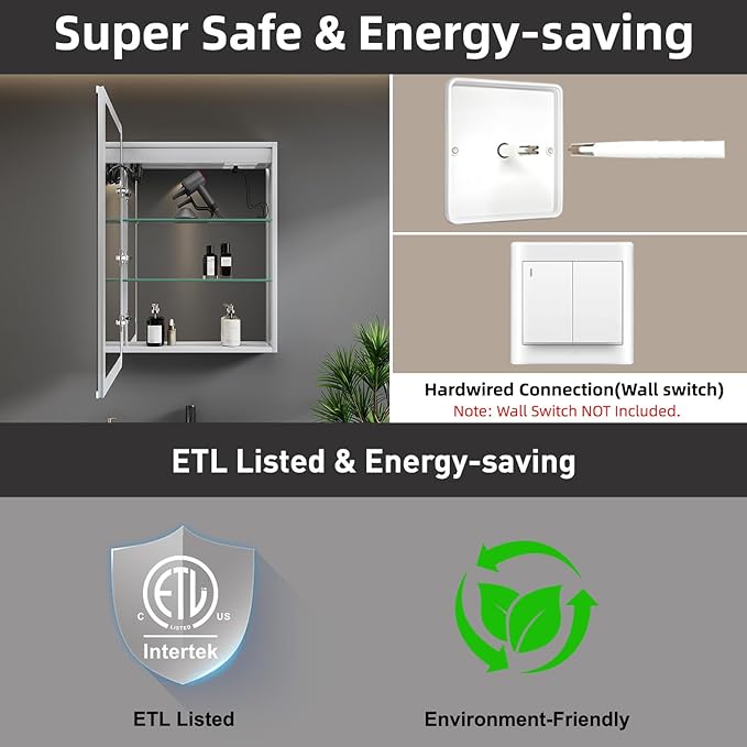 Medicine Cabinet with LED Lights and Mirror, 20 x 28 Inch Surface or Recessed Mounted Bathroom Cabinet with Door, Defogger, Memory Function, 3-Color Mode, Outlet&USB, Dimmer, Storage Shelf