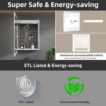 Medicine Cabinet with LED Lights and Mirror, 20 x 28 Inch Surface or Recessed Mounted Bathroom Cabinet with Door, Defogger, Memory Function, 3-Color Mode, Outlet&USB, Dimmer, Storage Shelf