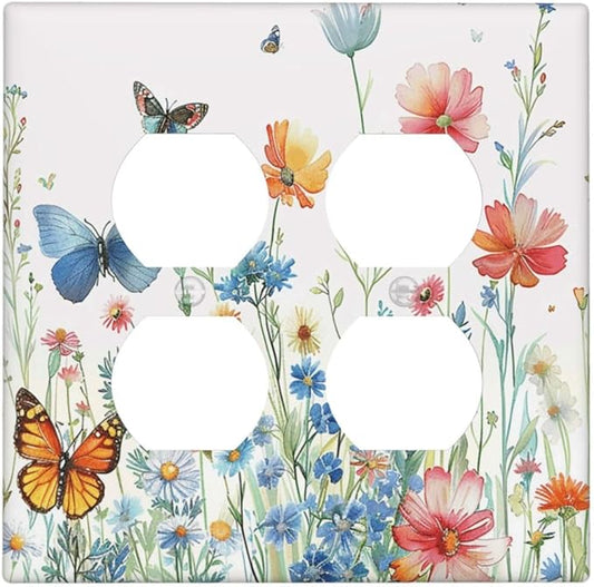 Decorative Outlet Covers Rustic Wildflower Blue Pink Floral Butterfly 2 Gang Light Switch Cover Plate Double Duplex Wall Plates for Electrical Outlets Switch Plate Covers for Home Decor