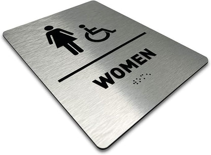 Women/Wheelchair Restroom Sign by GDS - ADA Compliant, Wheelchair Accessible, Raised Icons, Grade 2 Braille - Includes Adhesive Strips for Easy Installation - Bathroom Sign, Bathroom Signs for Business, Restroom Signs for Business - 6" W x 8" H (Brushe...