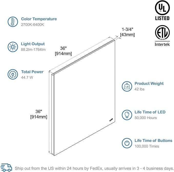 Blossom 36x36 LED Mirror for Bathroom | Backlit LED Vanity Mirror with Anti-Fog, Stepless Dimmable, 3 Color Temperature | Lighted Mirrors for Bathroom Wall | Smart Vanity Makeup Mirror with Lights