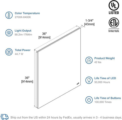 Blossom 36x36 LED Mirror for Bathroom | Backlit LED Vanity Mirror with Anti-Fog, Stepless Dimmable, 3 Color Temperature | Lighted Mirrors for Bathroom Wall | Smart Vanity Makeup Mirror with Lights