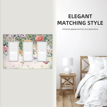Rustic Floral Watercolor Flower Blossom Butterfly Triple Rocker Light Switch Covers 3 Gang Outlet Cover Wall Plates Decorative Switch Plates Electrical GFCI Faceplate Switchplate 4.49 X 6.38 IN