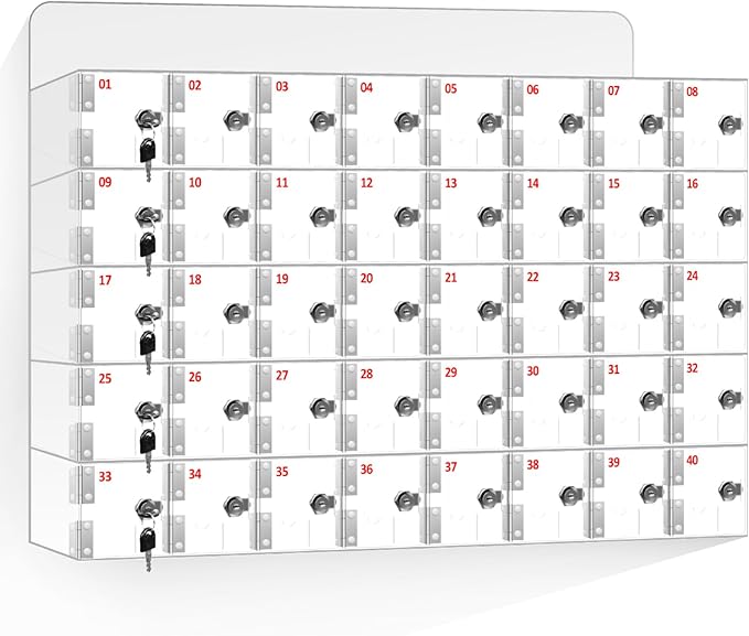 40 Slots Clear Acrylic Cell Phone Locker Box Wall-Mounted with Keys, Lockable Secure Storage Cabinet for Classroom Office Gym, Multi-Use Phone Lock Organizer for Employees Students (Large)