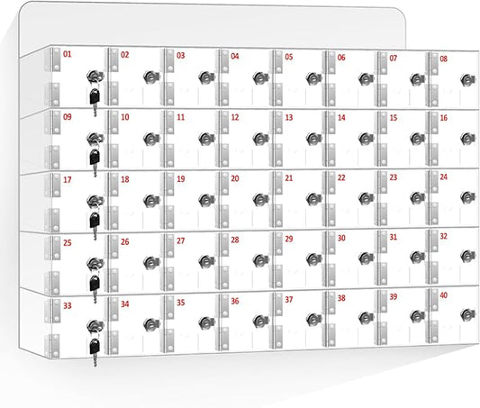 40 Slots Clear Acrylic Cell Phone Locker Box Wall-Mounted with Keys, Lockable Secure Storage Cabinet for Classroom Office Gym, Multi-Use Phone Lock Organizer for Employees Students (Large)
