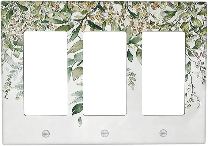 Light Switch Covers Sage Green Eucalyptus Watercolor Plant Leaves 3 Gang Rocker Electrical GFCI Decorative Triple Outlet Wall Plate Cover Switchplate for Bedroom Bathroom Decor