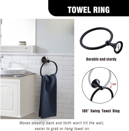 Matt Black Bathroom Accessory Set, Adjustable Towel Bar,Towel Ring,Toilet Paper Holder,Robe Hook 4-Piece Bathroom Hardware Set Wall Mounted (Matt Black)